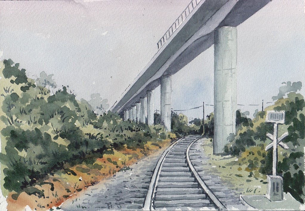 Vías del tren y autovía a la salida de Sarria